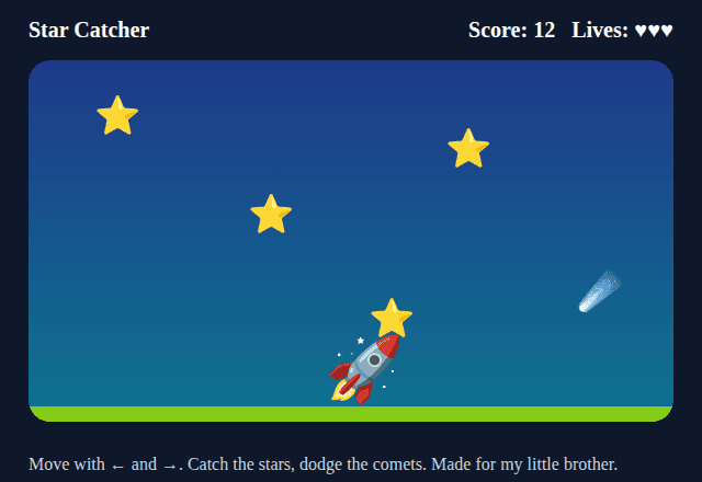 A browser game where a rocket catches falling stars