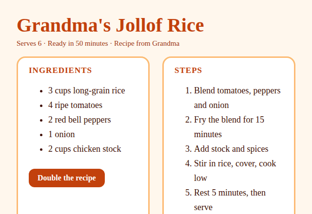 A web page for a family jollof rice recipe with ingredients and steps